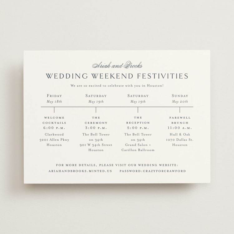 "Ariah" - Wedding Weekend Itinerary Cards in French Blue by Jennifer Postorino - Front