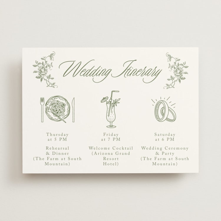 "Vintage Garden" - Wedding Weekend Itinerary Cards in Forest by Sherley Ferreira - Front