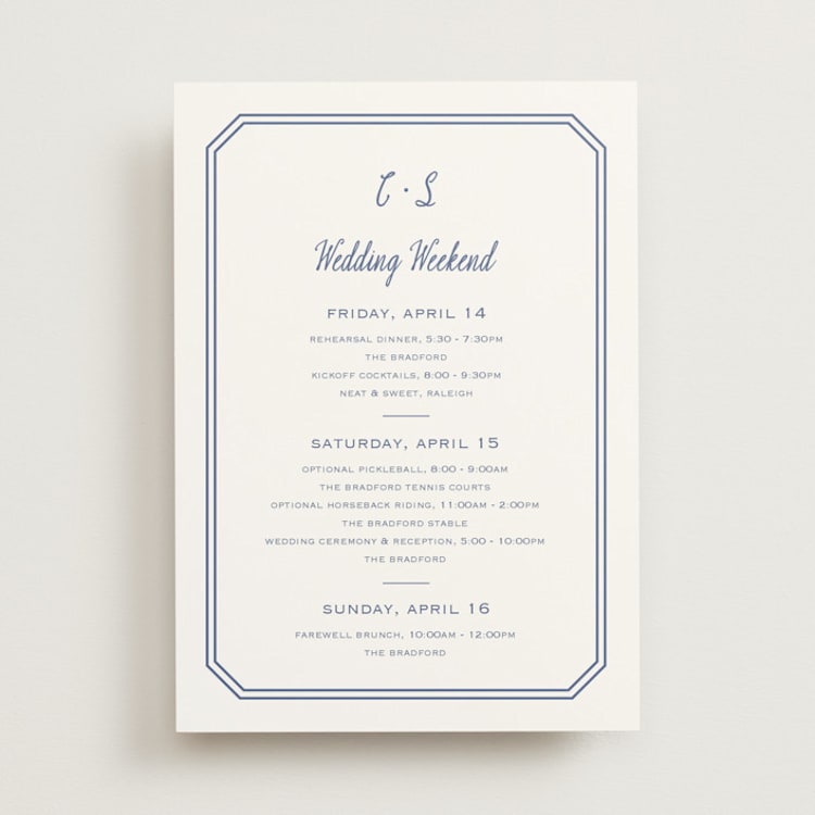 "Deluxe" - Wedding Weekend Itinerary Cards in Blueberry by Carolyn MacLaren - Front