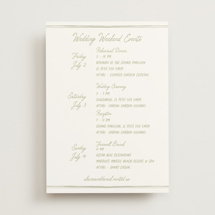 "Folk Garden" - Wedding Weekend Itinerary Cards in Garden by Creo Study - Front