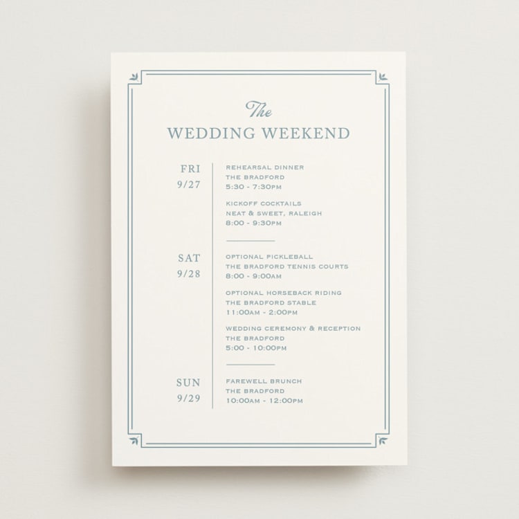 "Fleur Corner" - Wedding Weekend Itinerary Cards in French Blue by Carolyn MacLaren - Front