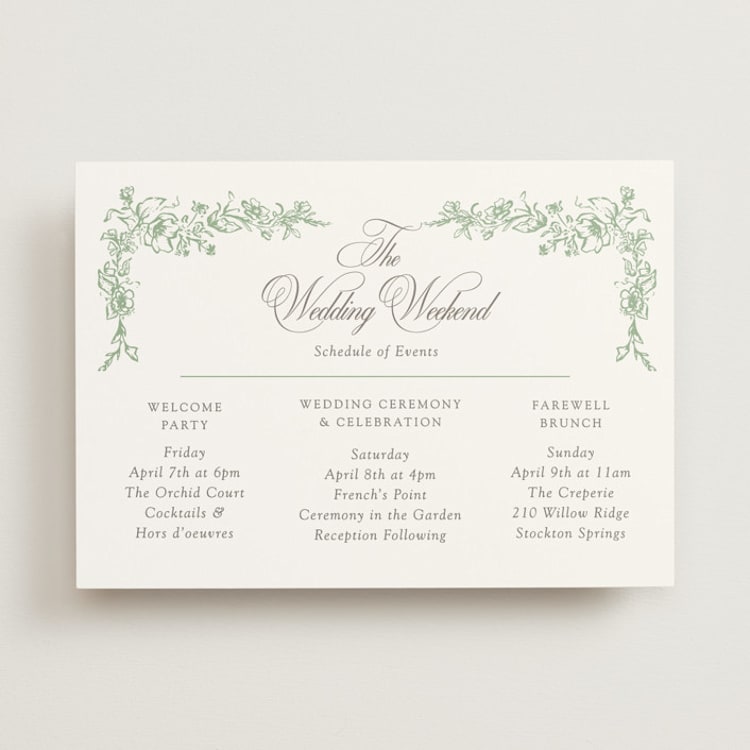 "Romantic Garden" - Wedding Weekend Itinerary Cards in Mint by Melinda Denison - Front