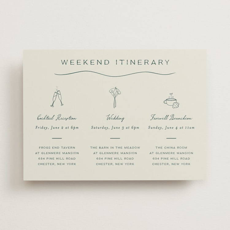 "Pair of Calla Lilies" - Wedding Weekend Itinerary Cards in Sage by Leah Bisch - Front