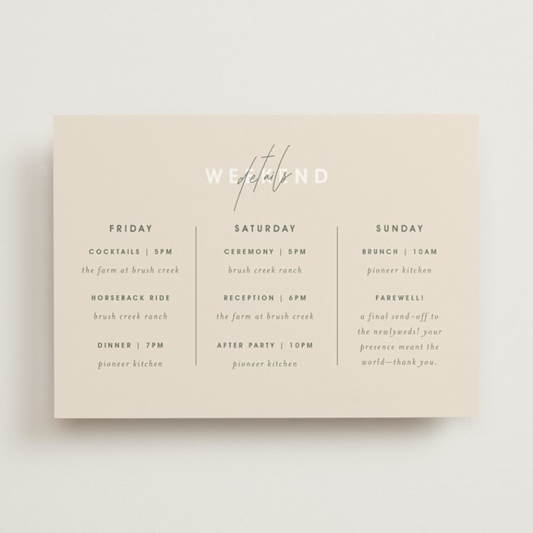 "True North" - Wedding Weekend Itinerary Cards in Olive You More by Design Lotus - Front