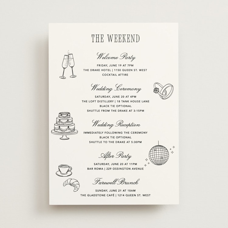 "Formal Minimalist" - Wedding Weekend Itinerary Cards in Silk by Kelly Schmidt - Front