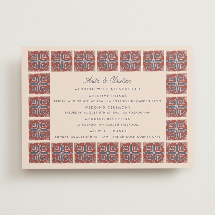 "Block Print Tile" - Wedding Weekend Itinerary Cards in Terracotta by Katharine Watson - Front