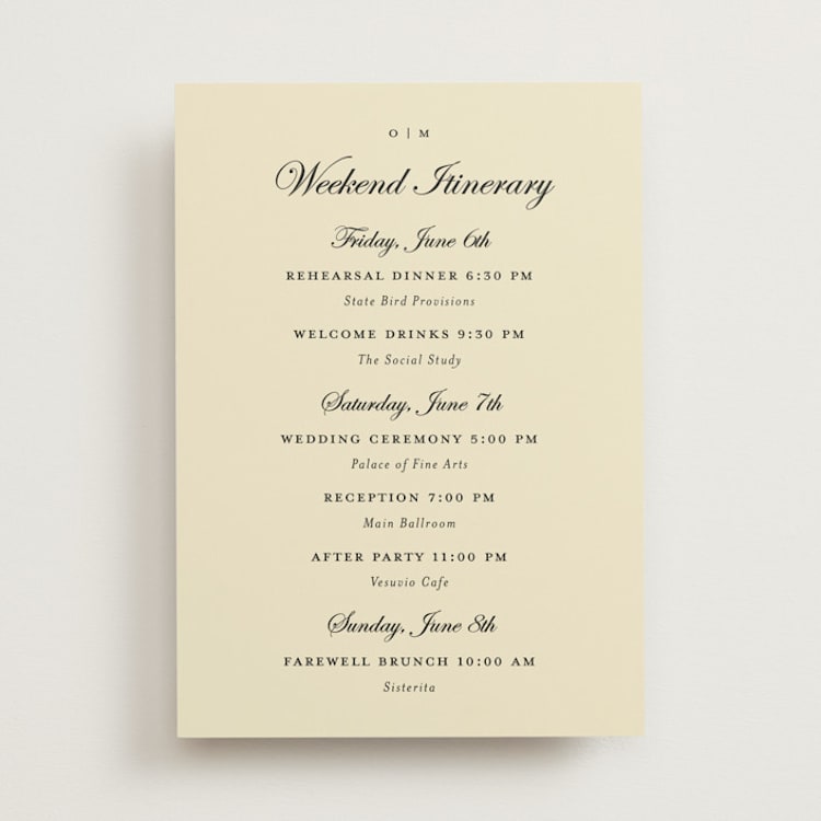 "Everlasting" - Wedding Weekend Itinerary Cards in Ecru by Jennifer Lew - Front