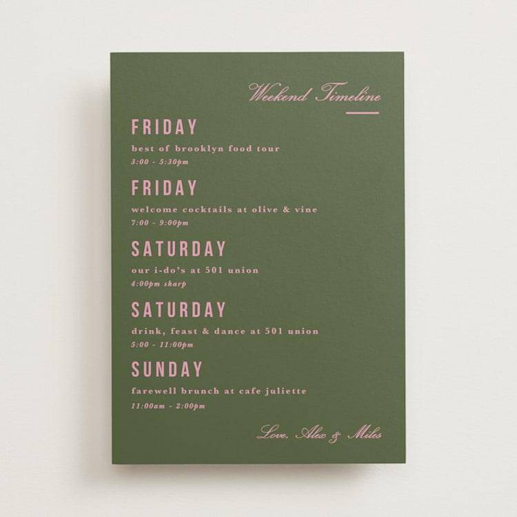 "Bowery" - Wedding Weekend Itinerary Cards in Olive by Kristie Kern - Front
