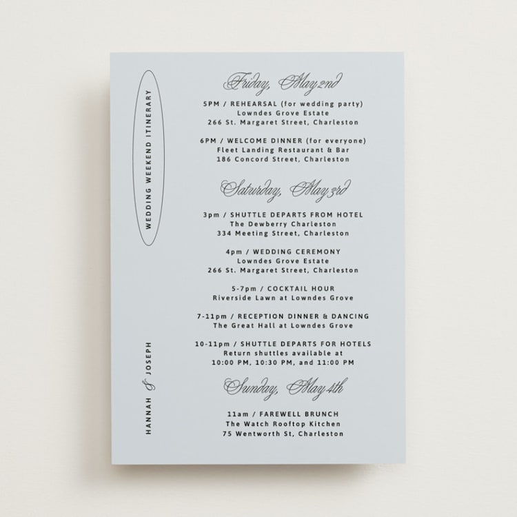 "plans" - Wedding Weekend Itinerary Cards in Dusty Blue by Inkblot Design - Front