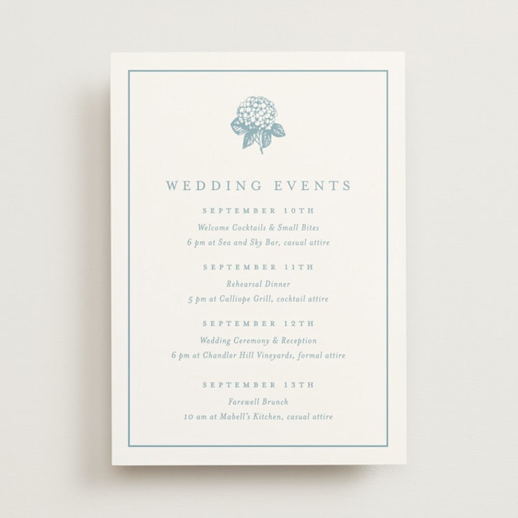 "Hydrangea bloom" - Wedding Weekend Itinerary Cards in Seaside by Stacey Meacham - Front