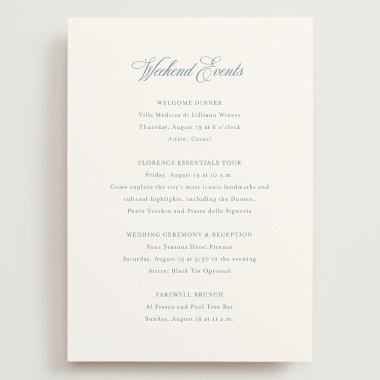 "Empire" - Wedding Weekend Itinerary Cards in Dusty Blue by Jennifer Postorino - Front