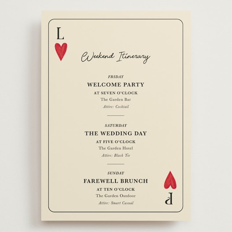 "Red Hearts" - Wedding Weekend Itinerary Cards in Champagne by Helena Vitto - Front