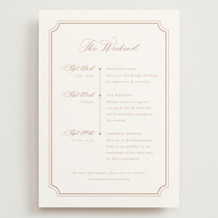 "Avery" - Wedding Weekend Itinerary Cards in Dusty Pink by Jennifer Postorino - Front