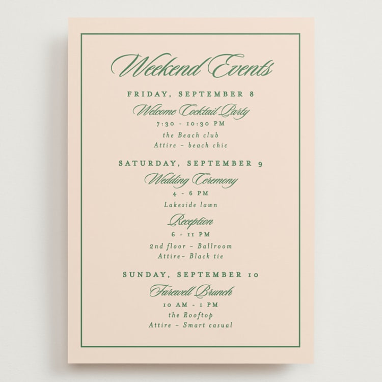 "Scripted" - Wedding Weekend Itinerary Cards in Emerald by Creo Study - Front