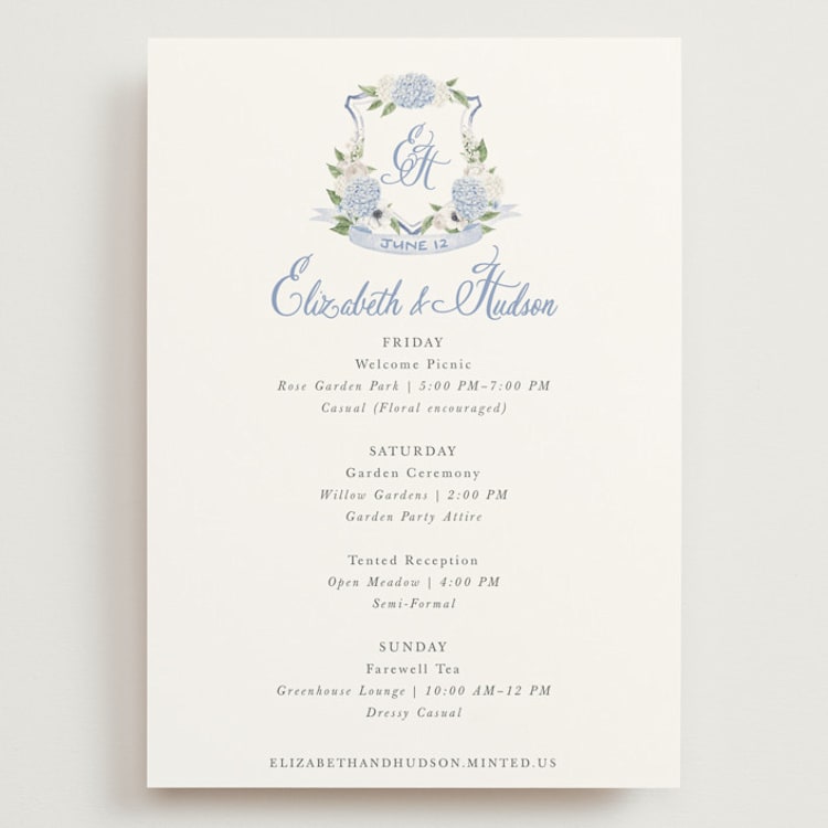 "Sweethearts" - Wedding Weekend Itinerary Cards in Periwinkle by Design Lotus - Front