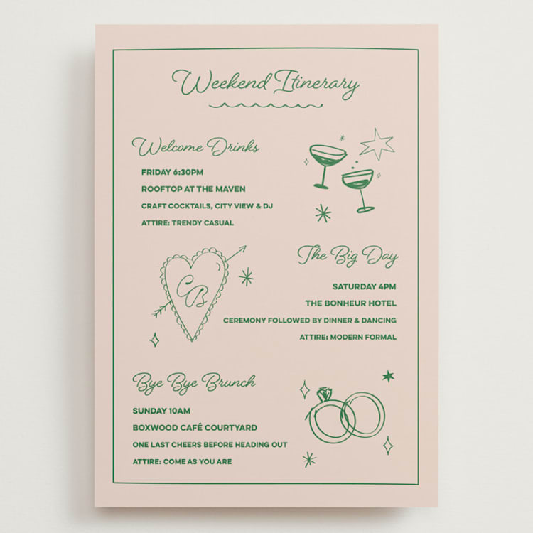 "Crazy Little Thing Called Love" - Wedding Weekend Itinerary Cards in Avocado by Helena Vitto - Front