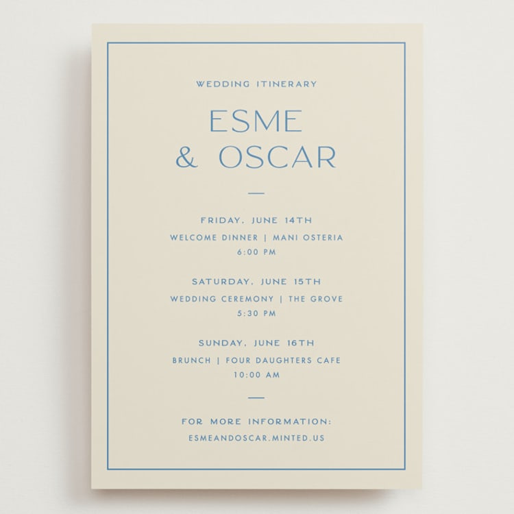 "Brooklyn" - Wedding Weekend Itinerary Cards in Cerulean by Ellen Schlegelmilch - Front