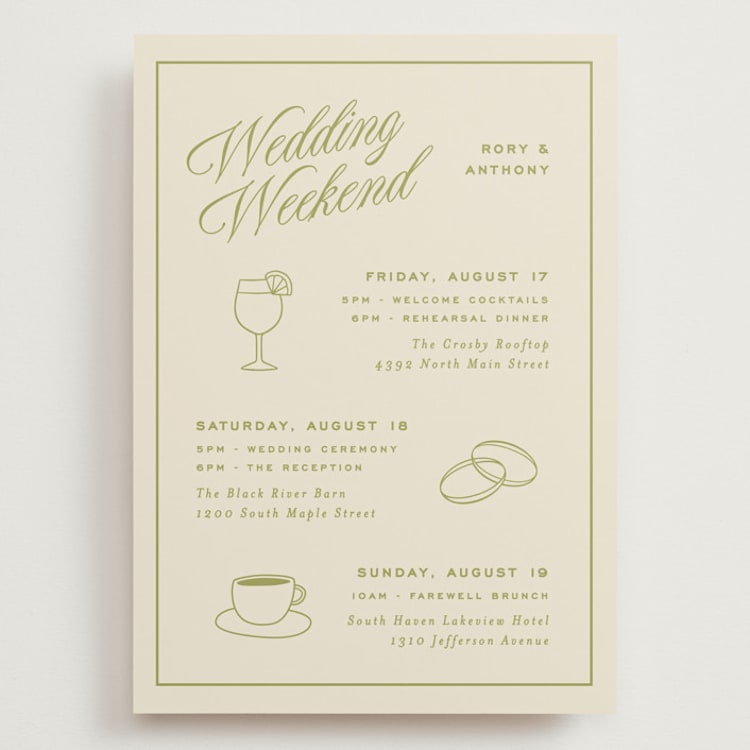 "rory" - Wedding Weekend Itinerary Cards in Olive by Ellen Schlegelmilch - Front