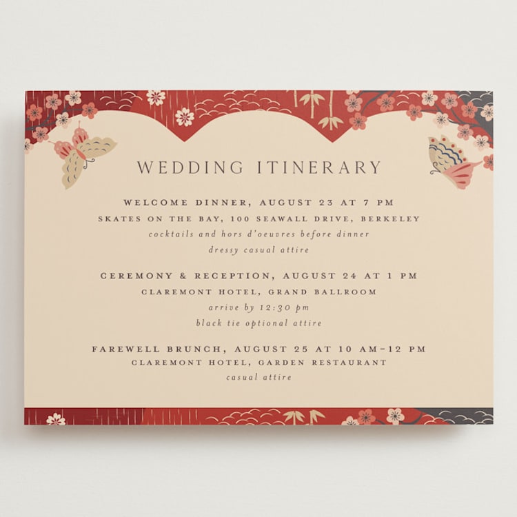 "Japanese Textile" - Wedding Weekend Itinerary Cards in Rose by Jennifer Holbrook - Front