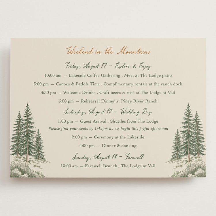 "Whispering Pines" - Wedding Weekend Itinerary Cards in Forest by Elly - Front