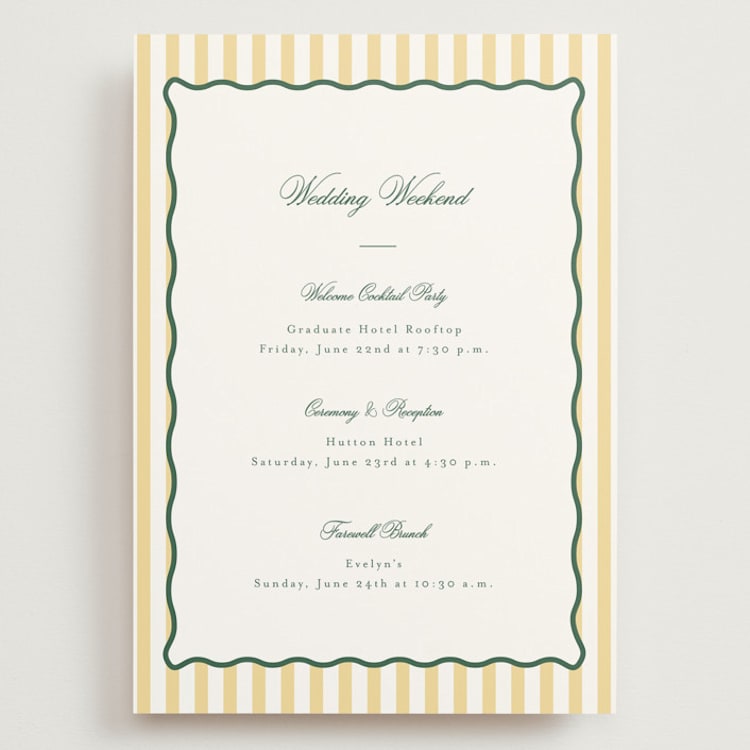 "Curved Frame" - Wedding Weekend Itinerary Cards in Citrine by Emily Betts - Front