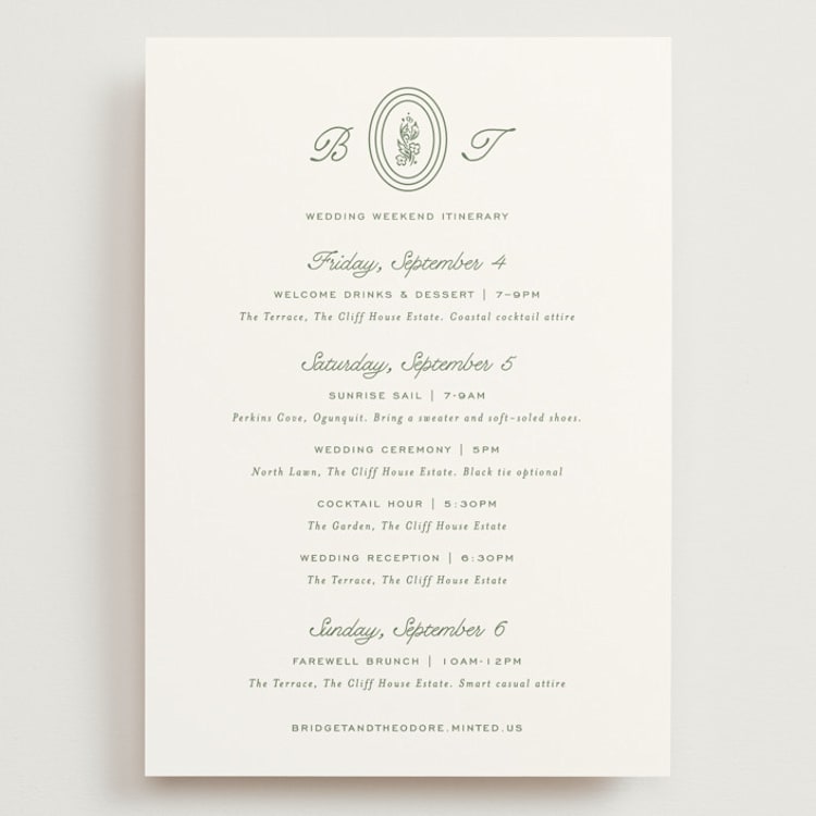 "Court" - Wedding Weekend Itinerary Cards in Leaf by Kate Ahn - Front
