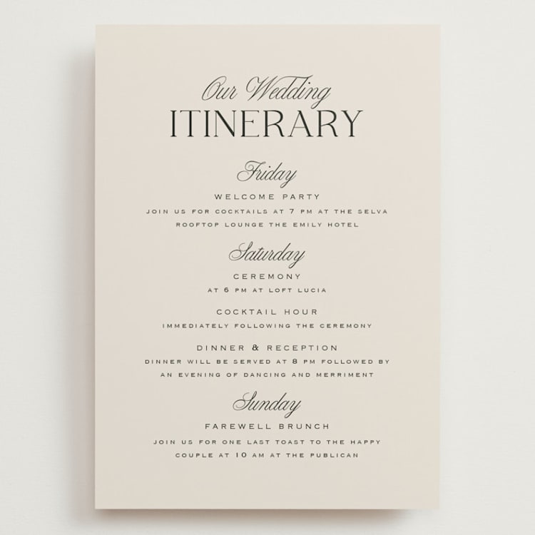 "Galleria" - Wedding Weekend Itinerary Cards in Onyx by Laura Hankins - Front