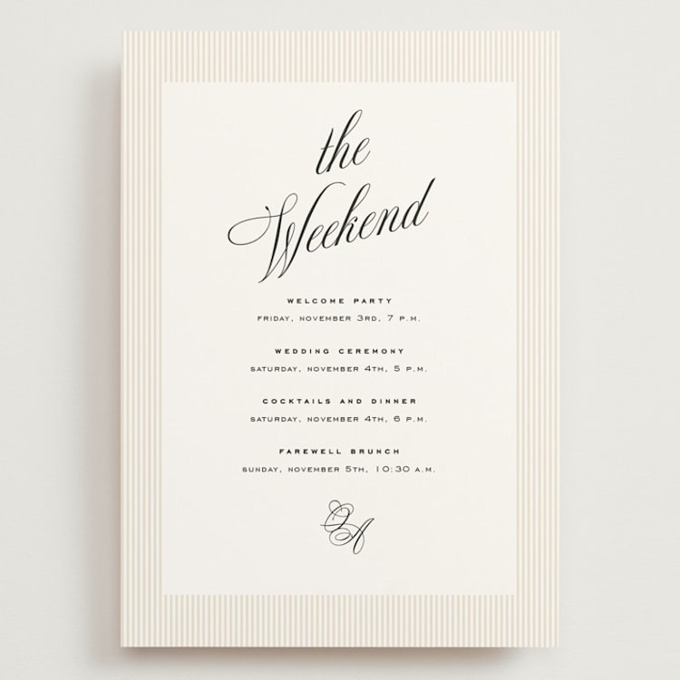 "Modern Romance" - Wedding Weekend Itinerary Cards in Almond by Eric Clegg - Front
