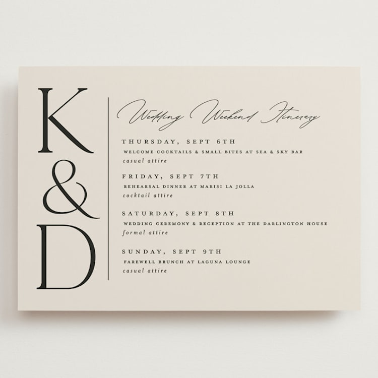 "Modern Monogram" - Wedding Weekend Itinerary Cards in Ecru by Erica Krystek - Front