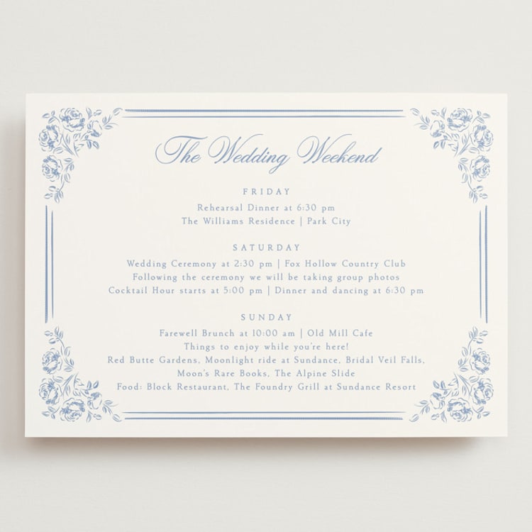 "Constance" - Wedding Weekend Itinerary Cards in Sky by Robert and Stella - Front