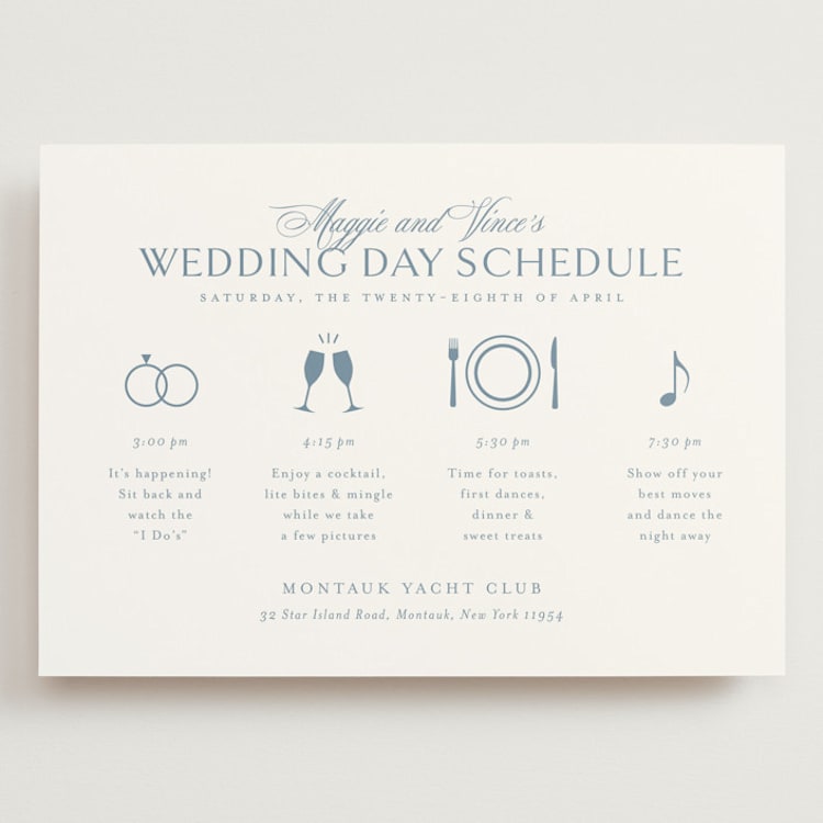 "Coastal Charm" - Wedding Weekend Itinerary Cards in Dusty Blue by Jennifer Postorino - Front