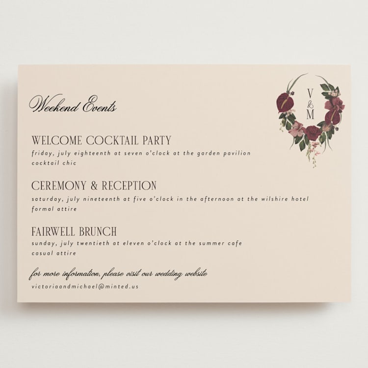 "Romantics" - Wedding Weekend Itinerary Cards in Merlota by Susan Moyal - Front