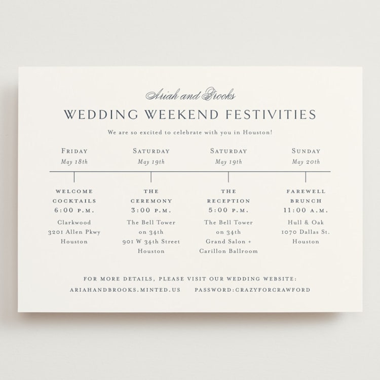 "Ariah" - Wedding Weekend Itinerary Cards in French Blue by Jennifer Postorino - Front