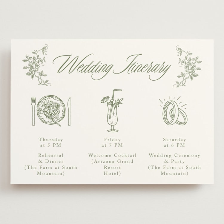 "Vintage Garden" - Wedding Weekend Itinerary Cards in Forest by Sherley Ferreira - Front
