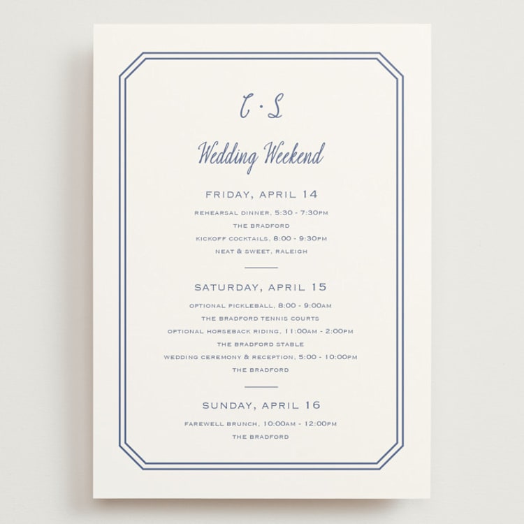 "Deluxe" - Wedding Weekend Itinerary Cards in Blueberry by Carolyn MacLaren - Front