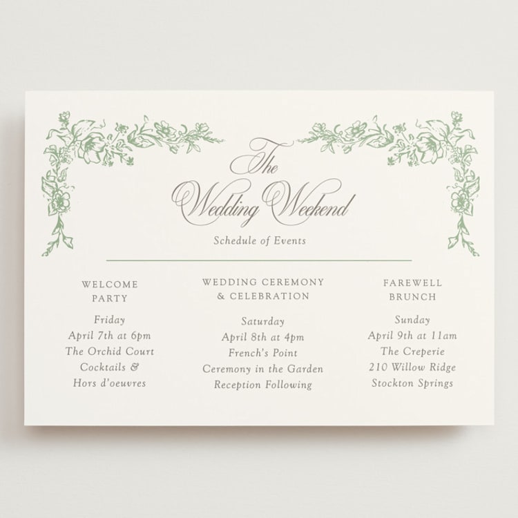 "Romantic Garden" - Wedding Weekend Itinerary Cards in Mint by Melinda Denison - Front