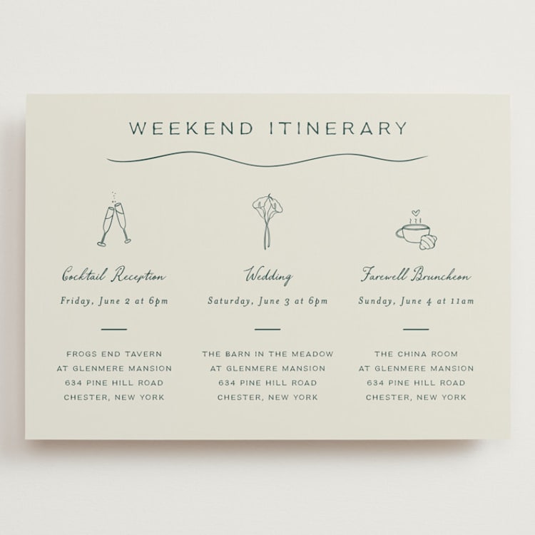 "Pair of Calla Lilies" - Wedding Weekend Itinerary Cards in Sage by Leah Bisch - Front