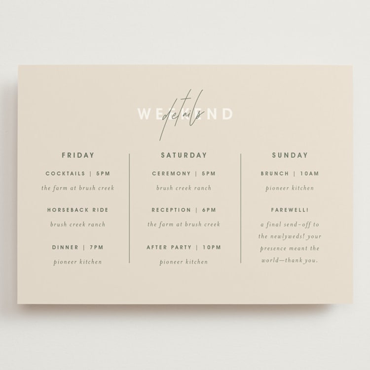 "True North" - Wedding Weekend Itinerary Cards in Olive You More by Design Lotus - Front