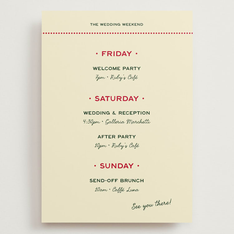 "Trattoria" - Wedding Weekend Itinerary Cards in Pizzeria by Ani Somi - Front