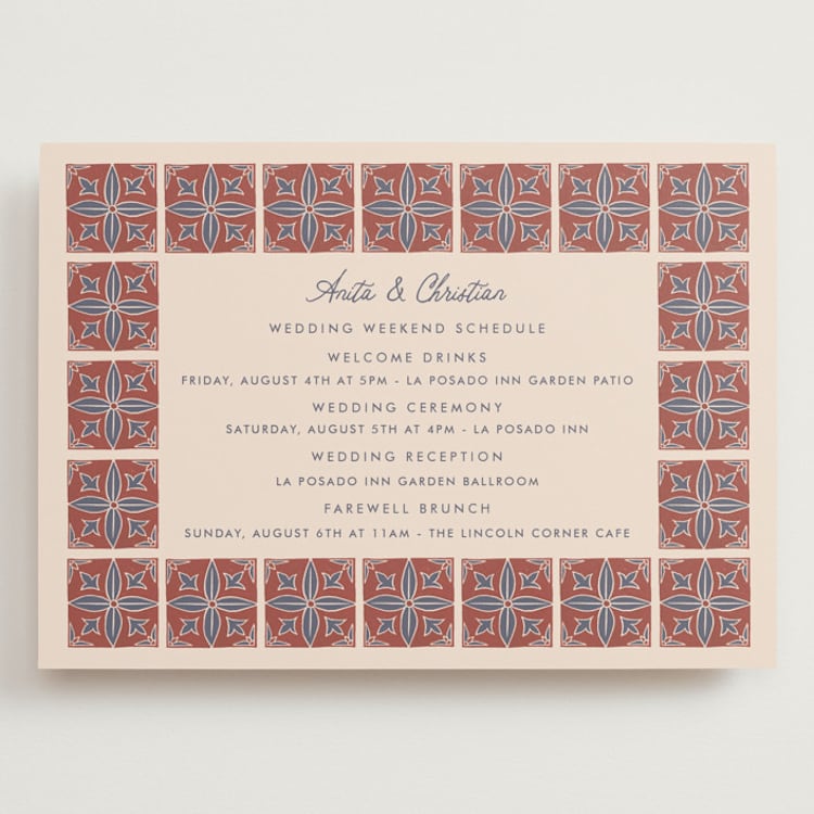 "Block Print Tile" - Wedding Weekend Itinerary Cards in Terracotta by Katharine Watson - Front