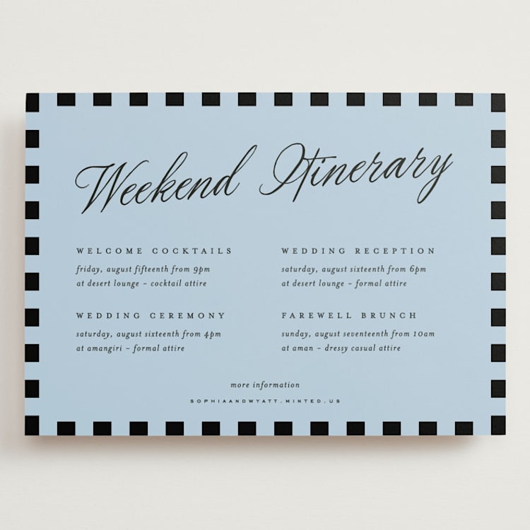 "Tarte Tatin" - Wedding Weekend Itinerary Cards in Sky by Blustery August - Front