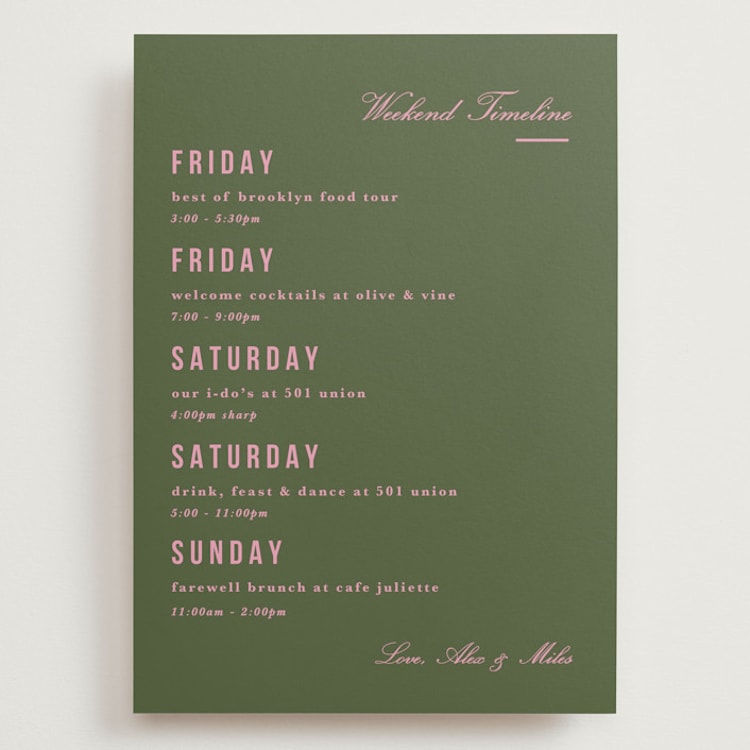 "Bowery" - Wedding Weekend Itinerary Cards in Olive by Kristie Kern - Front