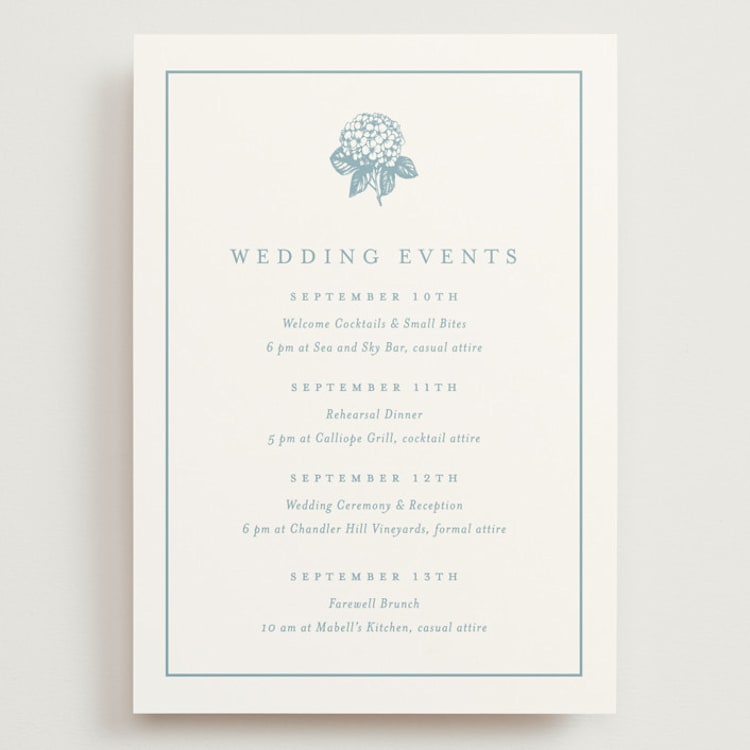 "Hydrangea bloom" - Wedding Weekend Itinerary Cards in Seaside by Stacey Meacham - Front