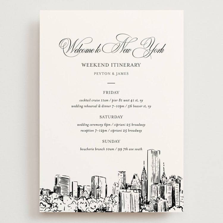 "New York Skyline" - Wedding Weekend Itinerary Cards in Noir by Melinda Denison - Front