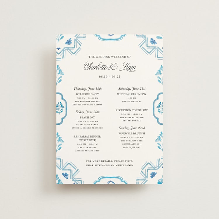 "Almafi" - Wedding Weekend Itinerary Cards in Cerulean by Itsy Belle Studio - Front