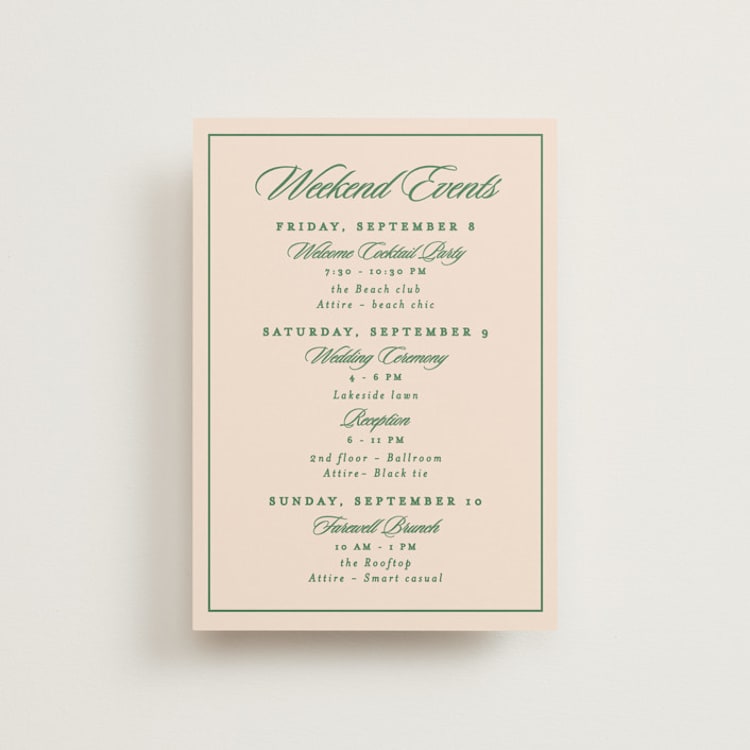 "Scripted" - Wedding Weekend Itinerary Cards in Emerald by Creo Study - Front