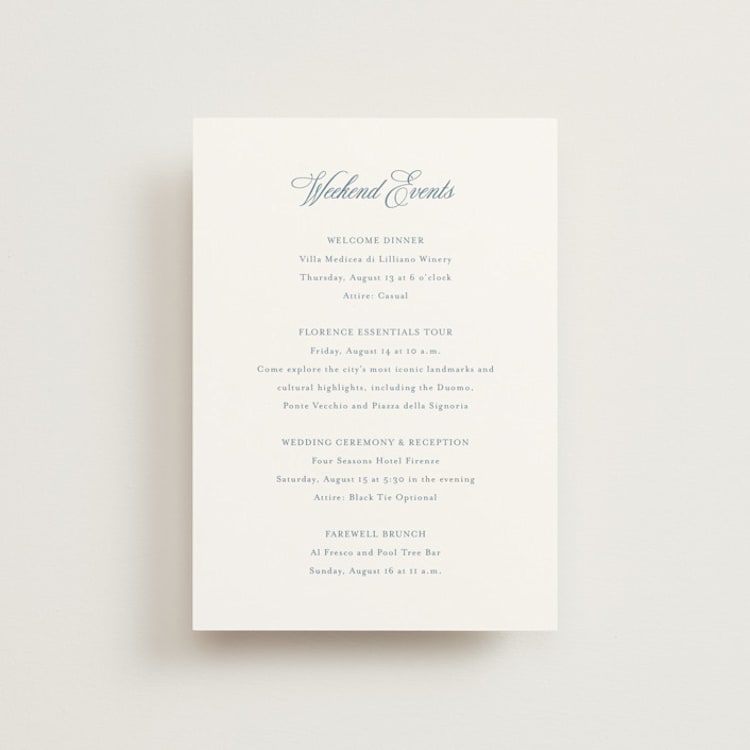 "Empire" - Wedding Weekend Itinerary Cards in Dusty Blue by Jennifer Postorino - Front