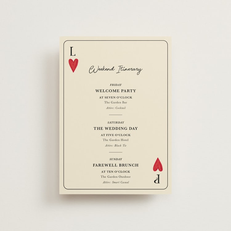 "Red Hearts" - Wedding Weekend Itinerary Cards in Champagne by Helena Vitto - Front