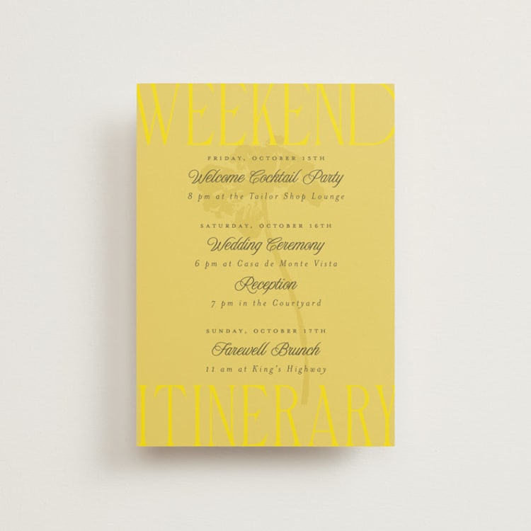 "Bloom" - Wedding Weekend Itinerary Cards in Island Citrus by Morgan Kendall - Front
