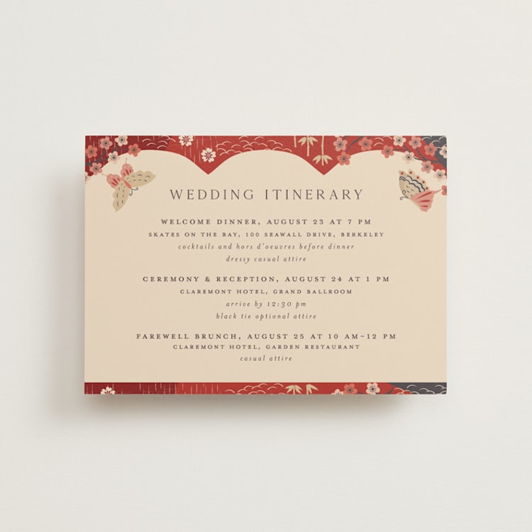 "Japanese Textile" - Wedding Weekend Itinerary Cards in Rose by Jennifer Holbrook - Front